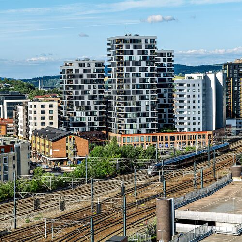Aerial view of the entire Meierikvartalet site in Oslo